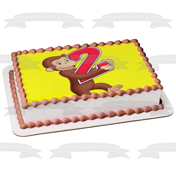 Curious George Happy 2nd Birthday Number 2 with a Yellow Background Edible Cake Topper Image ABPID03621