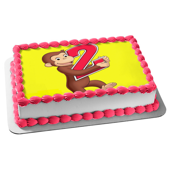 Curious George Happy 2nd Birthday Number 2 with a Yellow Background Edible Cake Topper Image ABPID03621