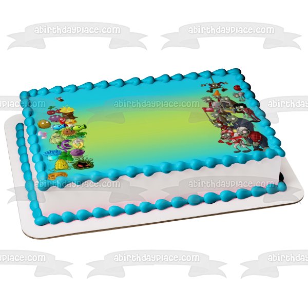 Plants Vs Zombies Peashooter Sunflower Scardey-Shroom and Zombies Frame Edible Cake Topper Image Frame ABPID05325