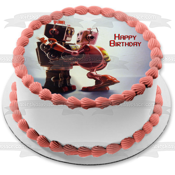 Robots de juguete enamorados bailando feliz cumpleaños adorno comestible para tarta imagen ABPID52952 