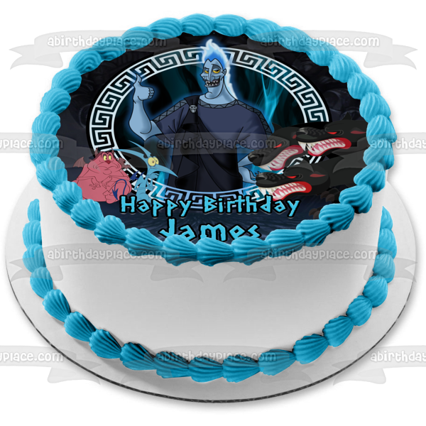 Disney Hercules Hades Cerberus Pain and Panic Happy Birthday Your Personalized Name Edible Cake Topper Image ABPID52842