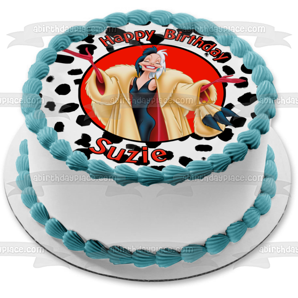 Disney 101 Dálmatas Cruella De Ville Feliz Cumpleaños Tu Nombre Personalizado Edible Cake Topper Imagen ABPID52851 