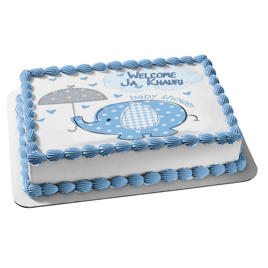 Little Blue Elephant with Umbrella Boy Baby Shower Edible Cake Topper Image ABPID00037