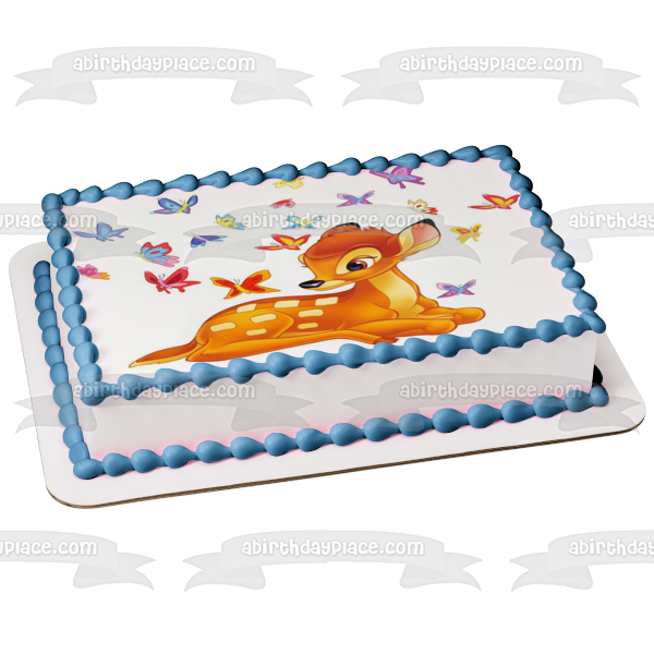 Bambi y mariposas azules, rojas y moradas, decoración comestible para tarta, imagen ABPID03665 