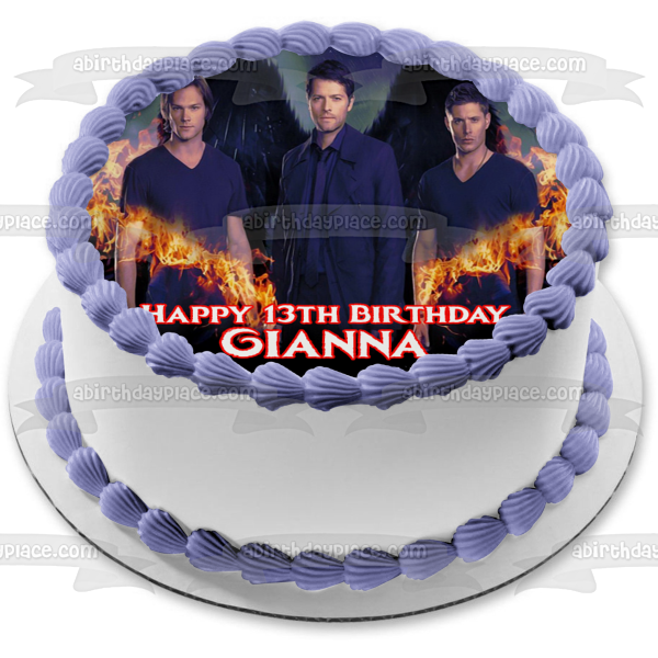 Imagen comestible para tarta con alas de fuego sobrenaturales Sam Winchester Castiel y Dean Winchester ABPID03392 