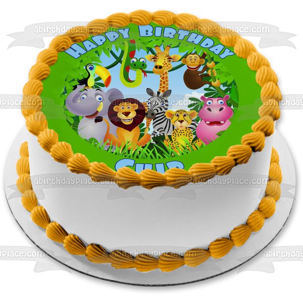 Animales de safari en la selva, elefante, serpiente, mono, jirafa, cebra, leopardo, león, hipopótamo y un tucán, decoración comestible para tarta, imagen ABPID03488 