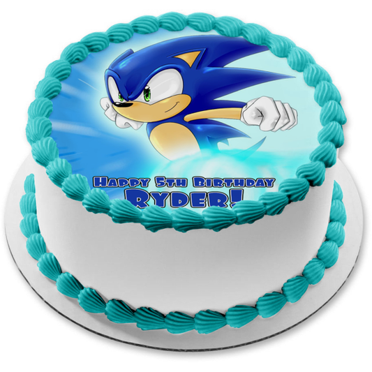 Imagen comestible para decoración de tarta de Sonic the Hedgehog corriendo y un fondo azul ABPID07955 