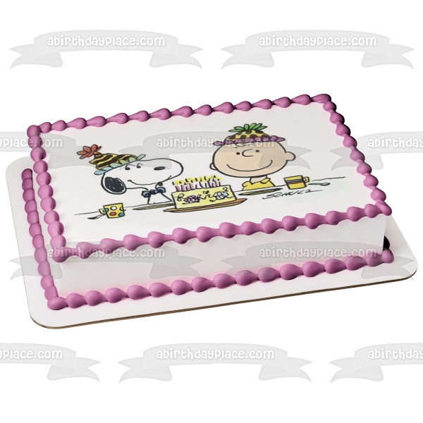 Peanuts Feliz cumpleaños Charlie Brown Snoopy pastel y sombreros de fiesta adorno comestible para pastel imagen ABPID08067 