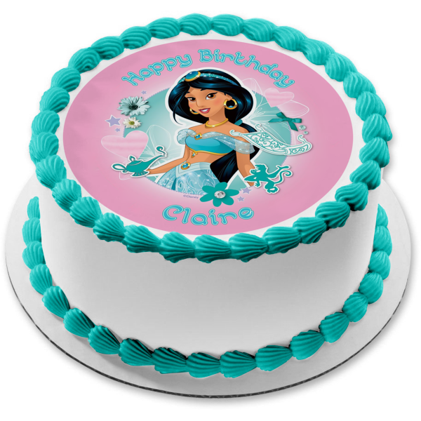 Princesa Disney Jasmine Aladdin Flores Corazones Fondo Rosa Adorno Comestible Para Pastel Imagen ABPID21893 