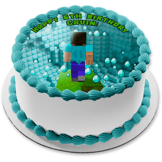 Minecraft Blue Diamonds Blocks Steve Edible Cake Topper Image ABPID51123