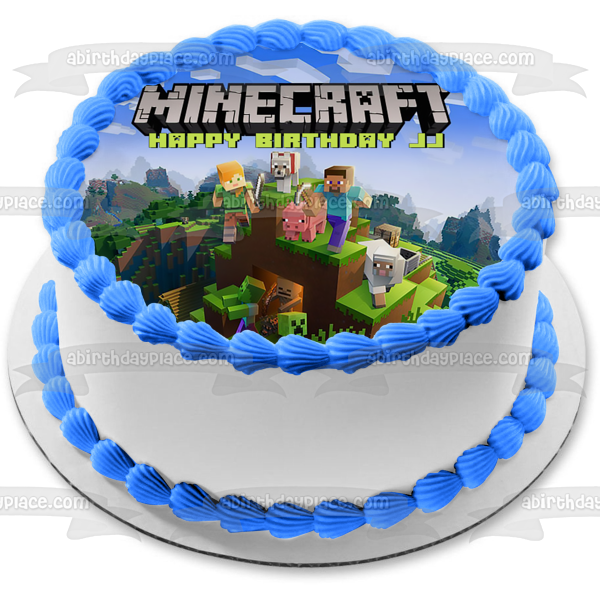 Minecraft Steve Creepers Pig Dog Mountains Edible Cake Topper Image AB ...