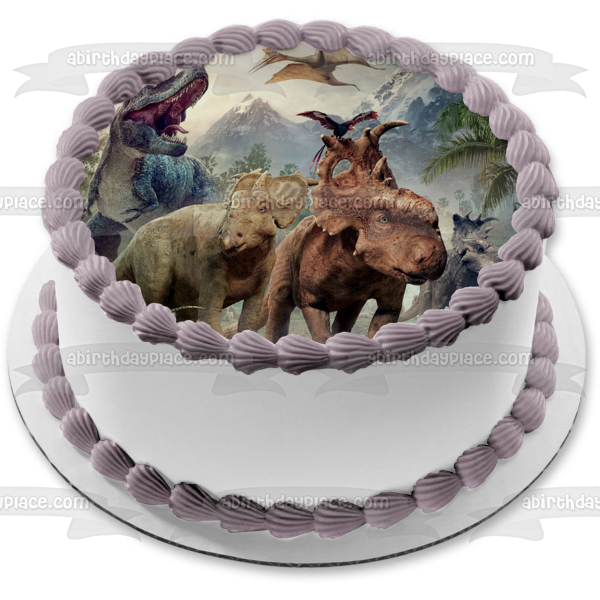 Caminando con dinosaurios Período Cretácico Tyrannosaurus Rex y Triceratops Adorno comestible para tarta Imagen ABPID06879 