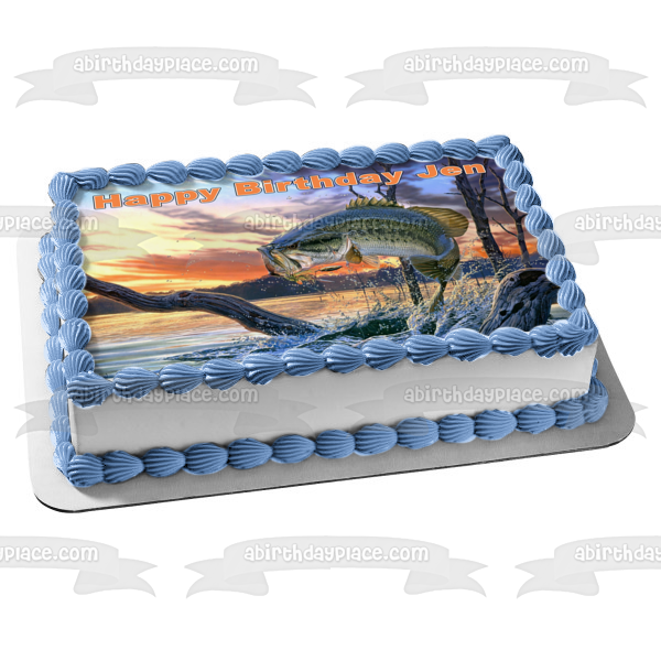 Bass Fishing Fish Out of Water Sunset Edible Cake Topper Image ABPID04589