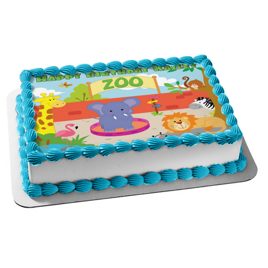 Zoo Banner Animals Giraffe Elephant Flamingo Lion Zebra Monkey Buttefly Edible Cake Topper Image ABPID13223