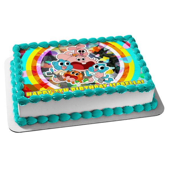 The Amazing World of Gumball Darwin Anais Richard Nicole Colorful Background Edible Cake Topper Image ABPID21978