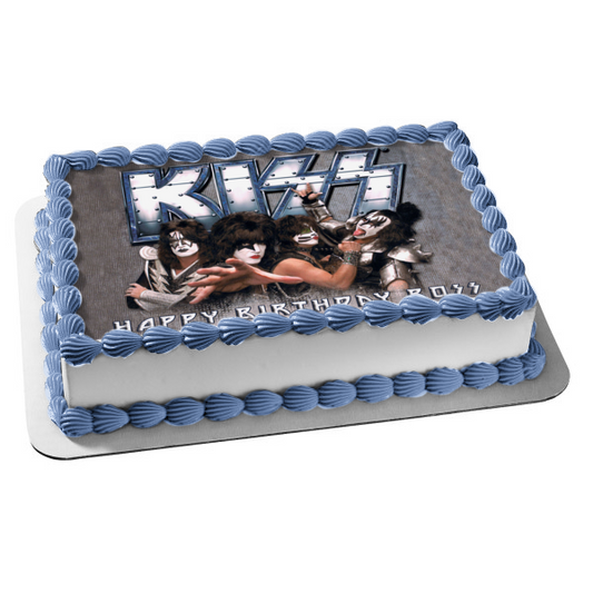 Kiss Logo Gene Simmons Ace Frehley Paul Stanley Peter Criss Rock Band Grey Background Edible Cake Topper Image ABPID27307