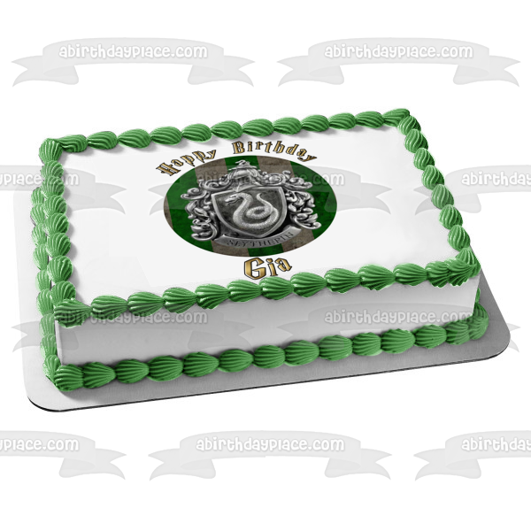 Harry Potter Slytherin Escudo plateado Fondo de rayas verdes Imagen comestible para decoración de tarta ABPID27814 