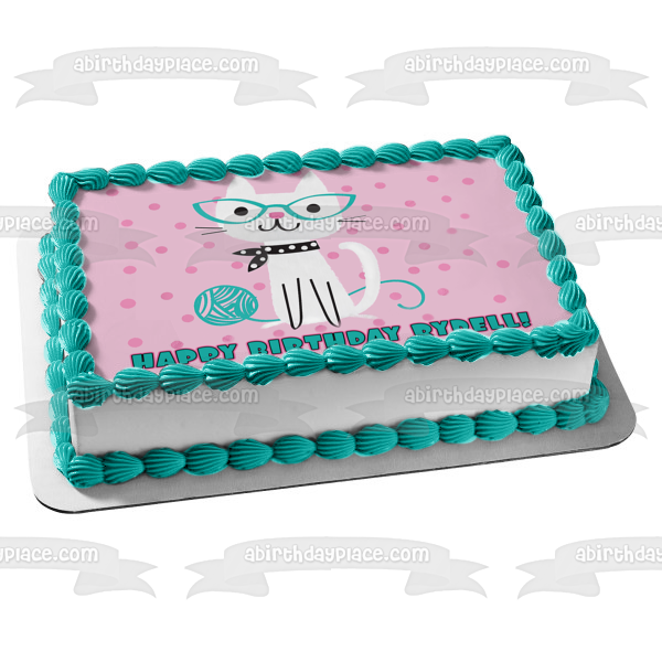 Cute Purrfect Cat Pink and Teal Polka Dots Kitty Happy Birthday Edible Cake Topper Image ABPID50264