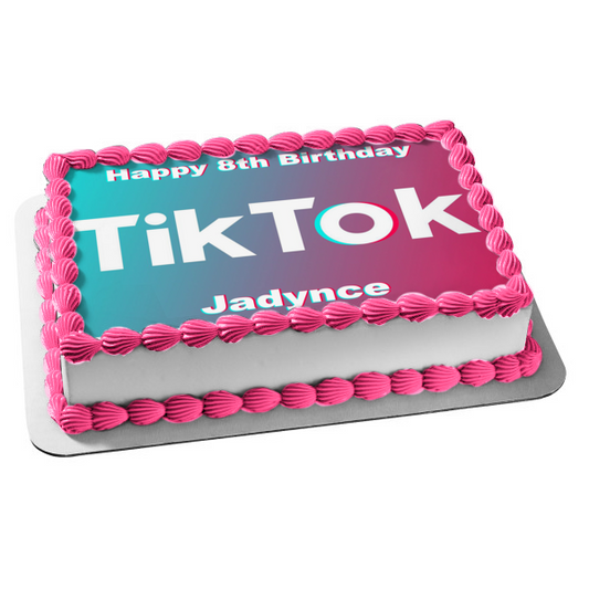 Tik Tok Logo Blue and Pink Background Edible Cake Topper Image ABPID51985