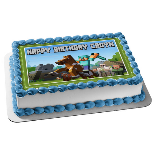 Minecraft Happy Birthday Assorted Characters Horses Personalized Name Edible Cake Topper Image ABPID51098