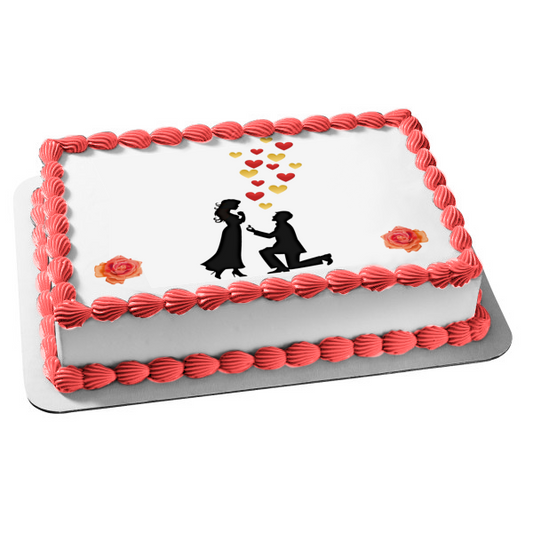 Engagement Proposal Couple Silhouette Roses Hearts Valentines Love Romance Wedding Edible Cake Topper Image ABPID53484