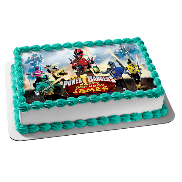 Power Rangers Super Samurai Happy Birthday Customizable Red Samurai Green Samurai Pink Samurai Yellow Samurai Blue Samurai Gold Samurai Edible Cake Topper Image ABPID53500