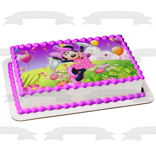 Adorno comestible para tarta con globos y un campo de flores de Minnie Mouse, imagen ABPID04275 