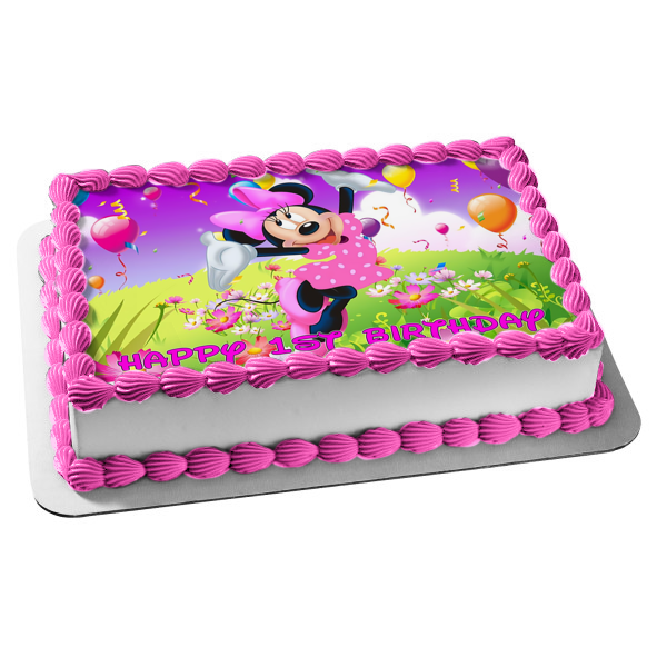 Adorno comestible para tarta con globos y un campo de flores de Minnie Mouse, imagen ABPID04275 