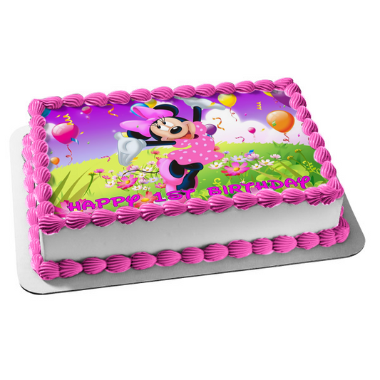 Adorno comestible para tarta con globos y un campo de flores de Minnie Mouse, imagen ABPID04275 