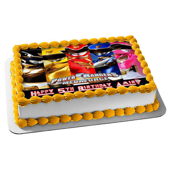 Power Rangers Megaforce Black Yellow Red Blue and Pink Rangers Edible Cake Topper Image ABPID04378