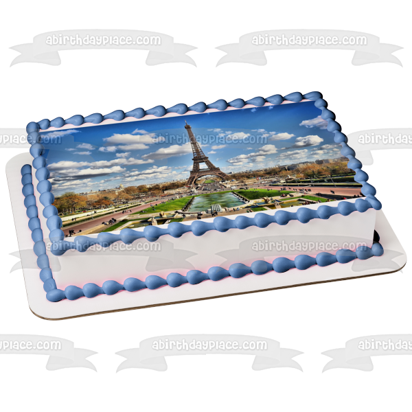 Eiffel Tower Bonjour Paris France Sky Clouds Edible Cake Topper Image ABPID04413