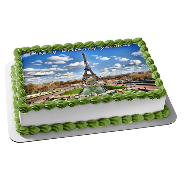 Eiffel Tower Bonjour Paris France Sky Clouds Edible Cake Topper Image ABPID04413