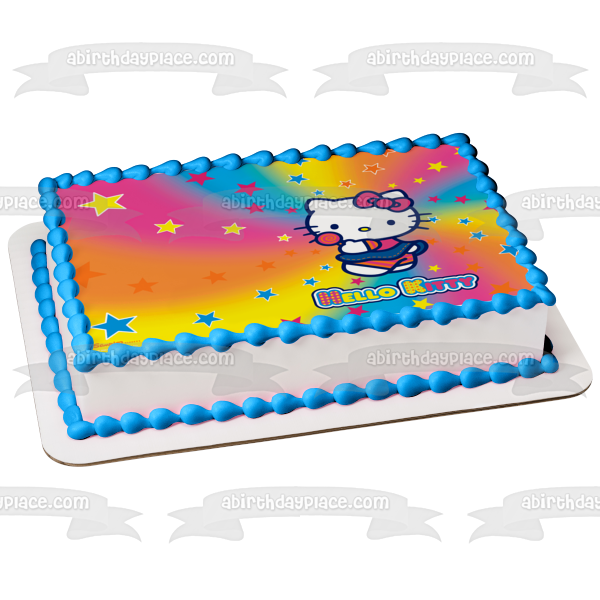 Hello Kitty Candy on a Rainbow Star Spiral Background Edible Cake Topper Image ABPID04557