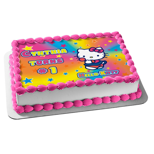 Hello Kitty Candy on a Rainbow Star Spiral Background Edible Cake Topper Image ABPID04557