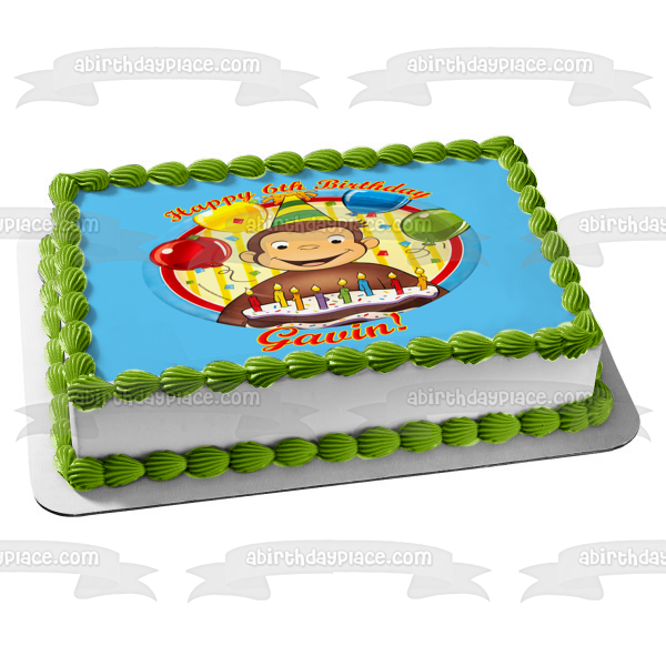 Jorge el Curioso Feliz Cumpleaños Pastel Fiesta Sombrero y Globos Imagen comestible para pastel ABPID07669 