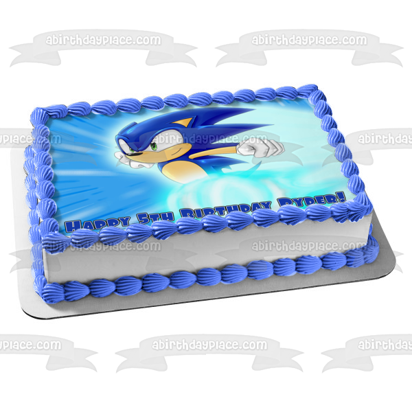 Imagen comestible para decoración de tarta de Sonic the Hedgehog corriendo y un fondo azul ABPID07955 