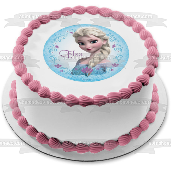 Imagen comestible para decoración de tarta comestible de Elsa de Frozen rodeada de flores moradas ABPID07961 