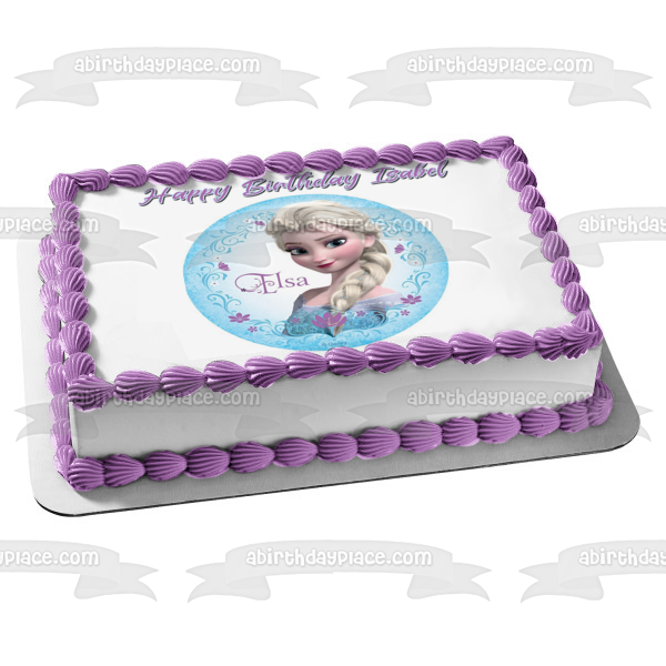 Imagen comestible para decoración de tarta comestible de Elsa de Frozen rodeada de flores moradas ABPID07961 