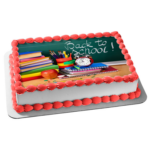 Back to School Chalkboard Books Clock Edible Cake Topper Image ABPID03990