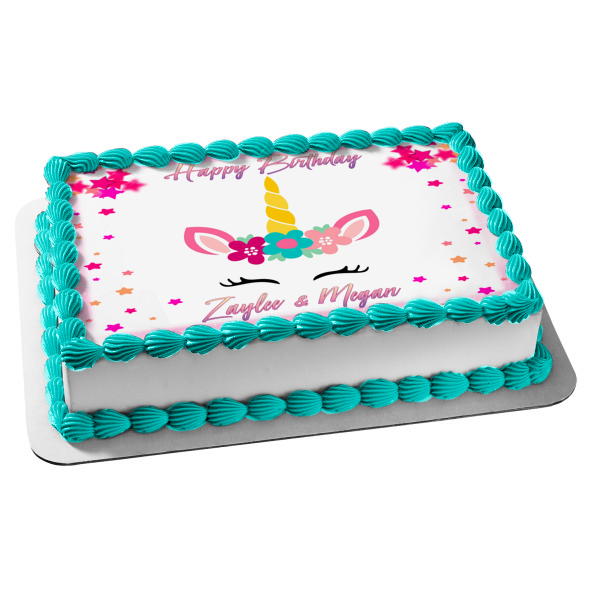 Adorno comestible para tarta con flores de dibujos animados de unicornio, imagen ABPID22519 