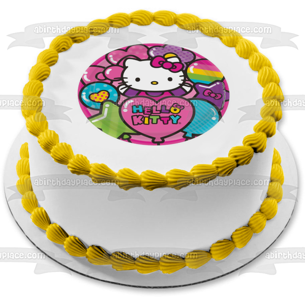 Hello Kitty Corazones Globos Estrellas Flores Adorno comestible para tarta Imagen ABPID25014 