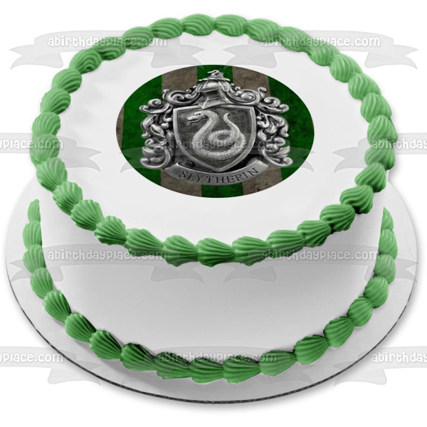 Harry Potter Slytherin Escudo plateado Fondo de rayas verdes Imagen comestible para decoración de tarta ABPID27814 