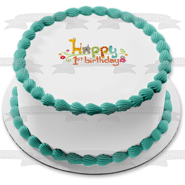 Happy 1st Birthday Jungle Safari Giraffe and an Elephant Edible Cake Topper Image ABPID04027