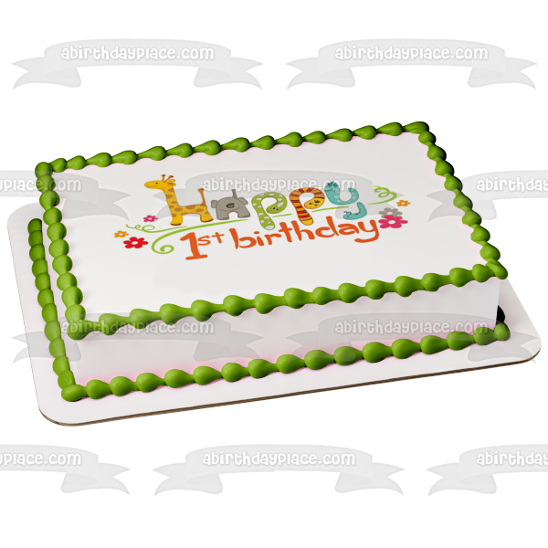 Happy 1st Birthday Jungle Safari Giraffe and an Elephant Edible Cake Topper Image ABPID04027