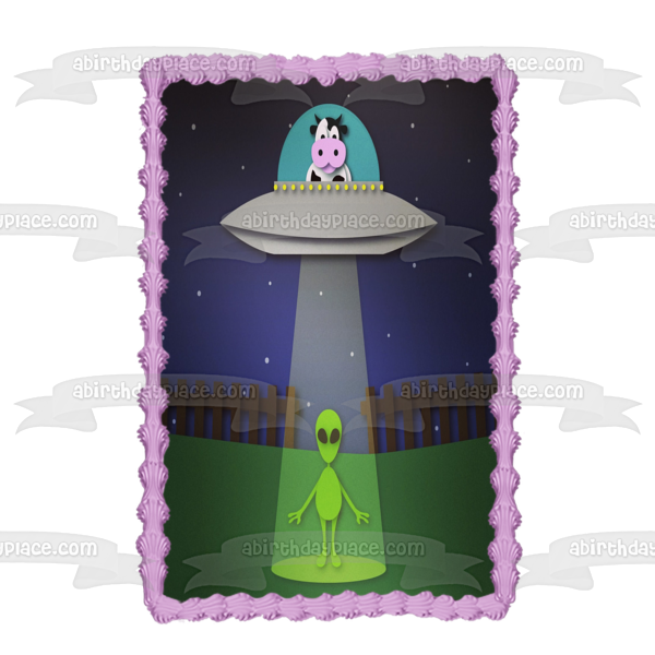 Alien and Cow Ufo Edible Cake Topper Image ABPID51756