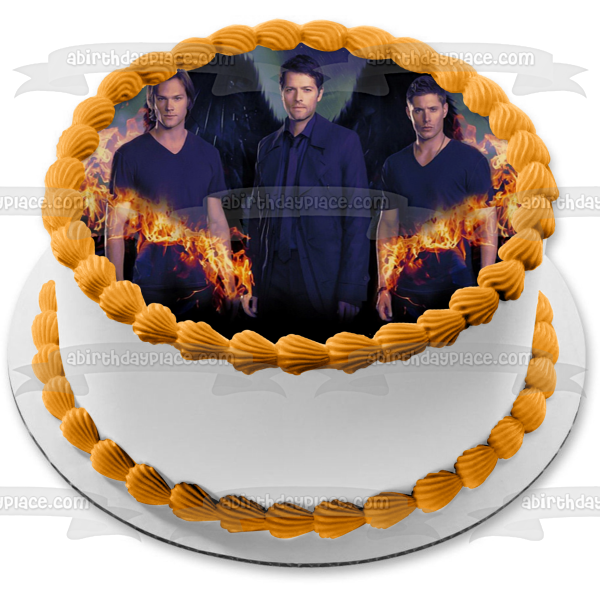 Imagen comestible para tarta con alas de fuego sobrenaturales Sam Winchester Castiel y Dean Winchester ABPID03392 