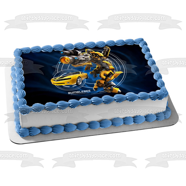 Transformers Bumblebee Yellow Camaro Blue Background Edible Cake Topper Image ABPID21807