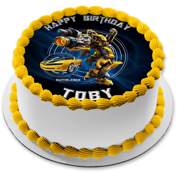 Transformers Bumblebee Yellow Camaro Blue Background Edible Cake Topper Image ABPID21807