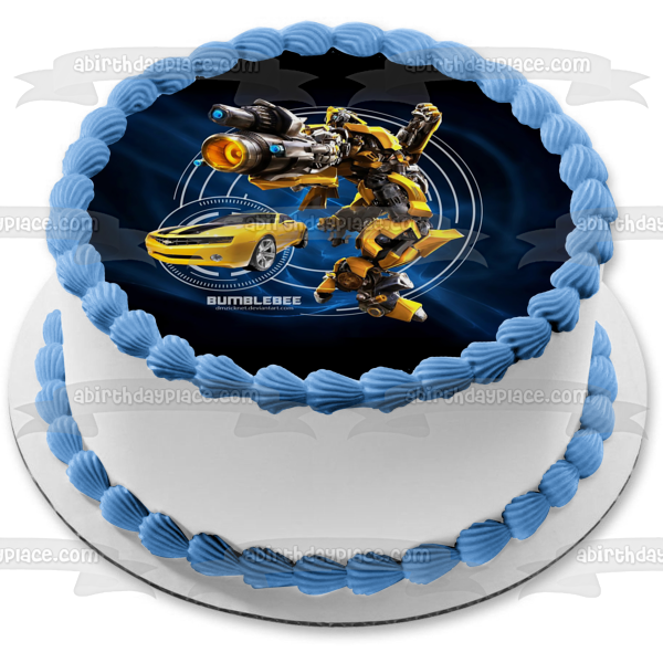 Transformers Bumblebee Yellow Camaro Blue Background Edible Cake Topper Image ABPID21807