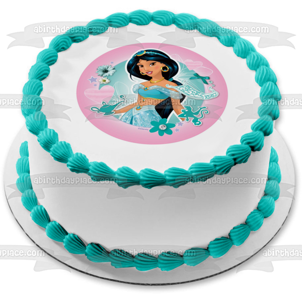 Princesa Disney Jasmine Aladdin Flores Corazones Fondo Rosa Adorno Comestible Para Pastel Imagen ABPID21893 